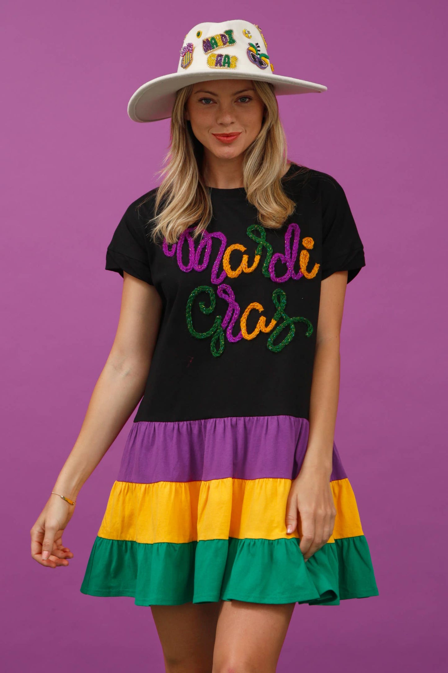 Color Block Mardi Gras Mini Dress - White Combo