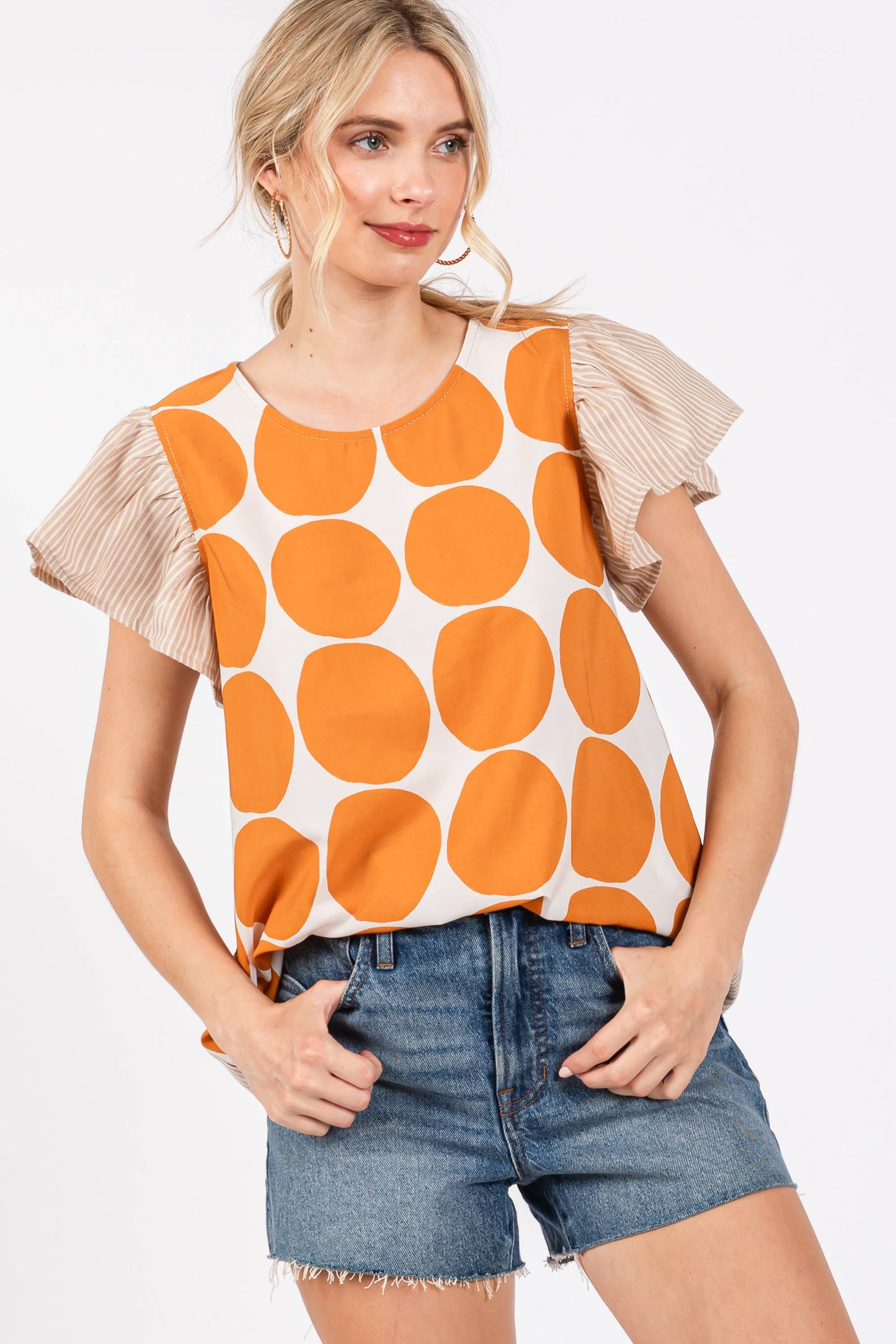 Contrast Polka Dot Blouse Top- Blue/ Royal Blue