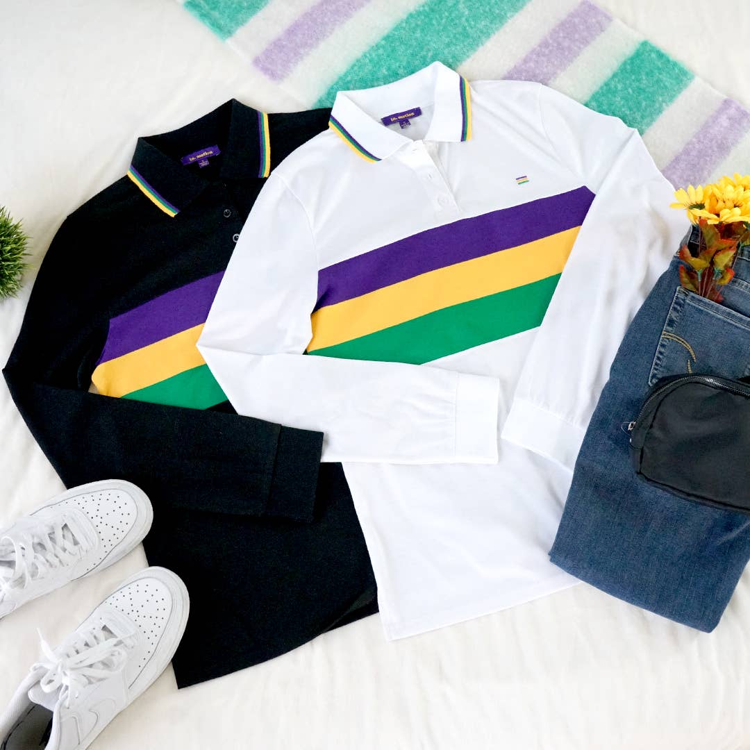 Mardi Gras Polo Long Sleeve Unisex- Black