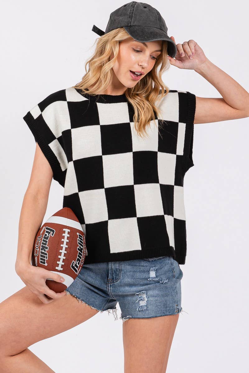 Checkered Knit Sleeveless Game Day Top