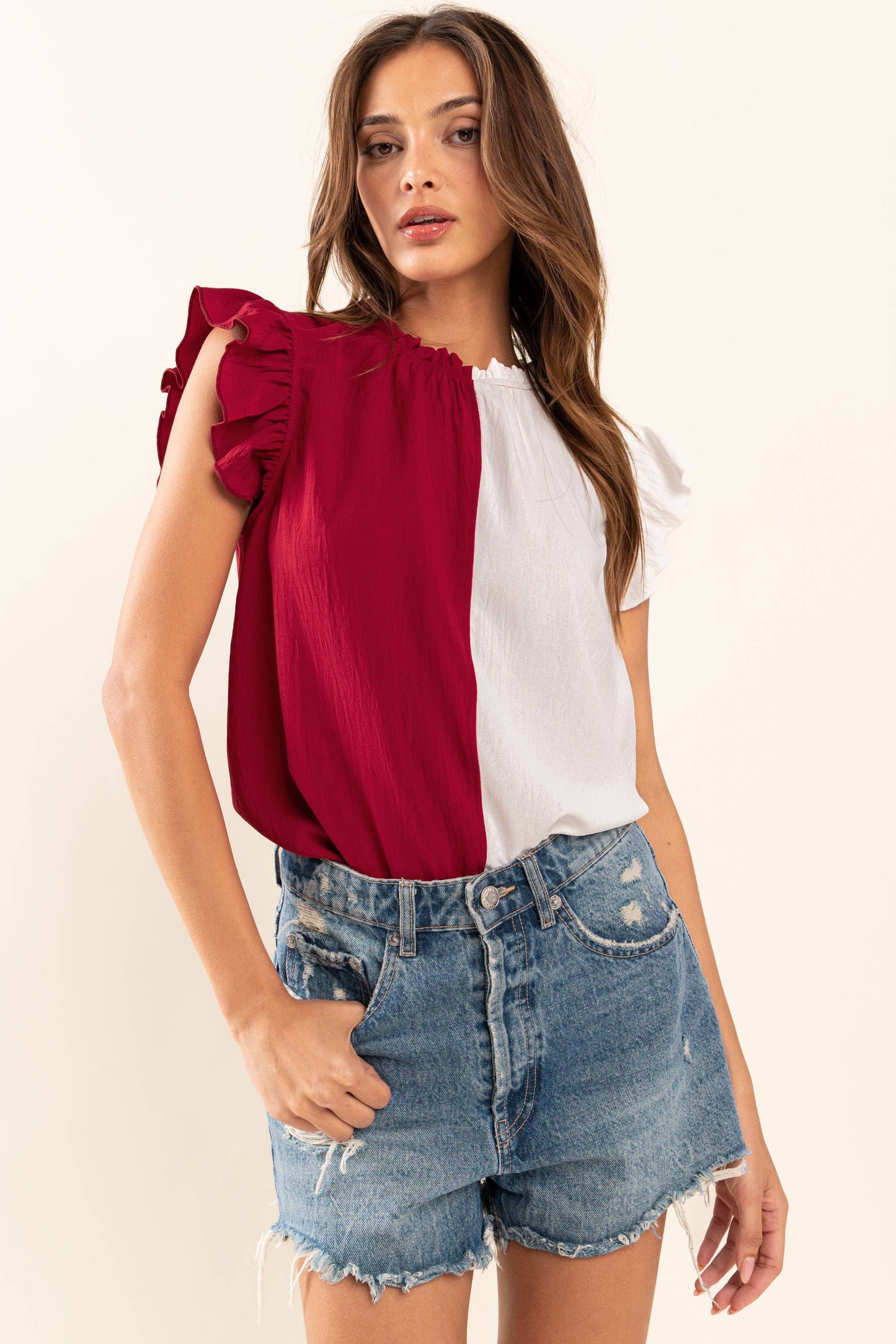 Game Day Ruffle Sleeveless Woven Blouse Top- Green/Pink