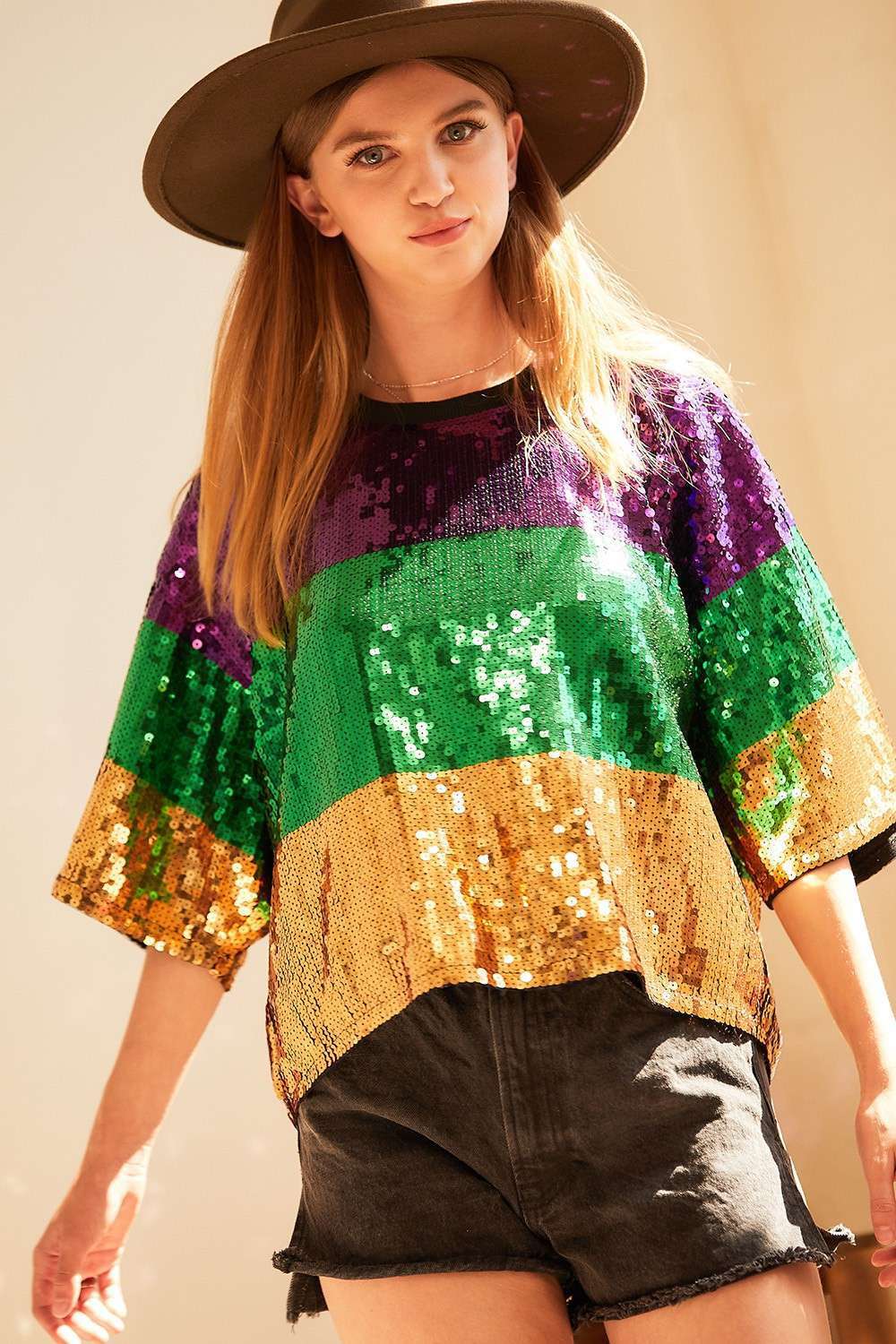 Mardi Gras Color Block Sequin Crop
