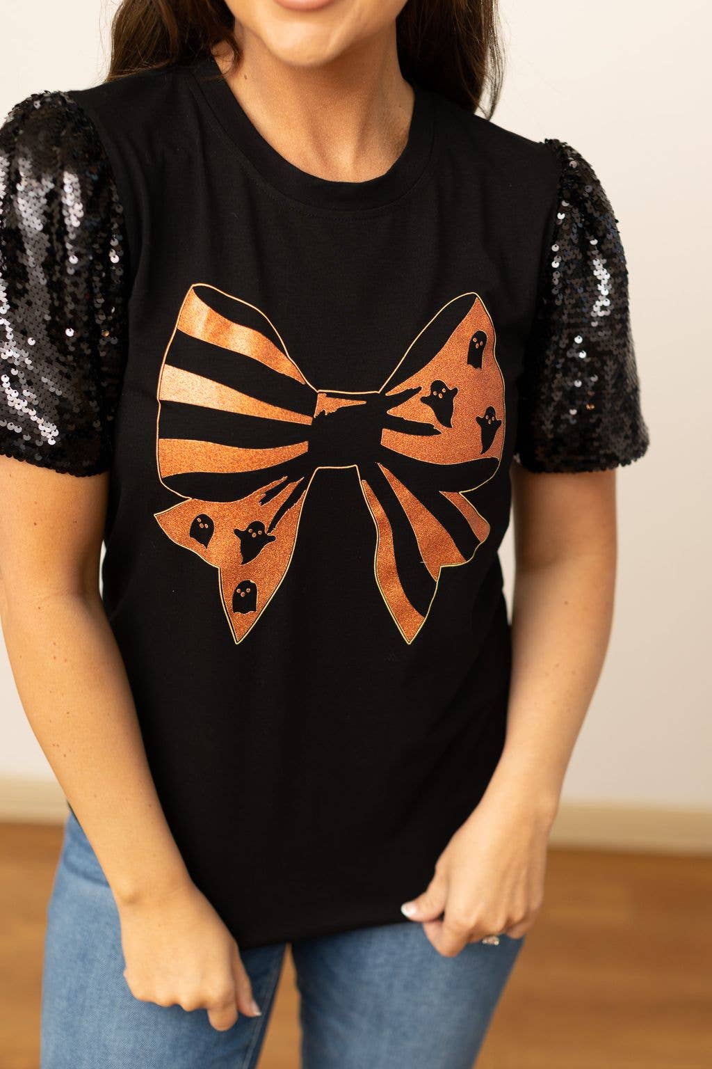 Halloween Bow on Black Top With Sequins Puff Sleeve- Black