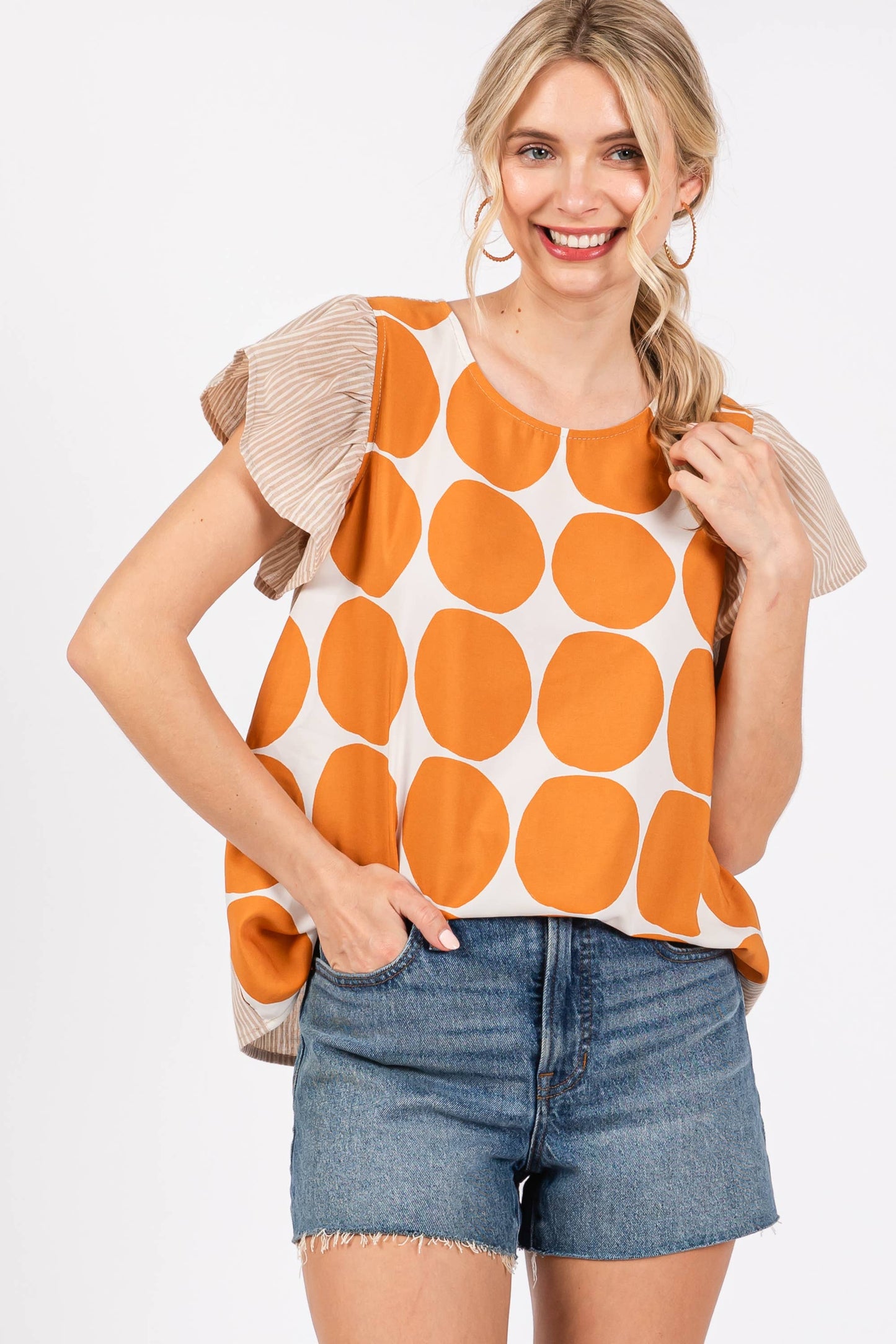 Contrast Polka Dot Blouse Top- Blue/ Royal Blue