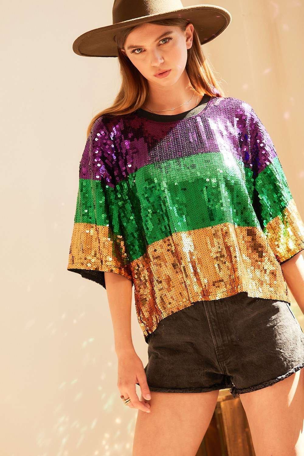 Mardi Gras Color Block Sequin Crop
