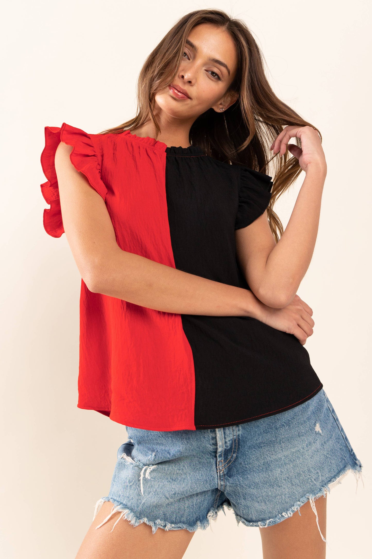 Game Day Ruffle Sleeveless Woven Blouse Top- Green/Pink