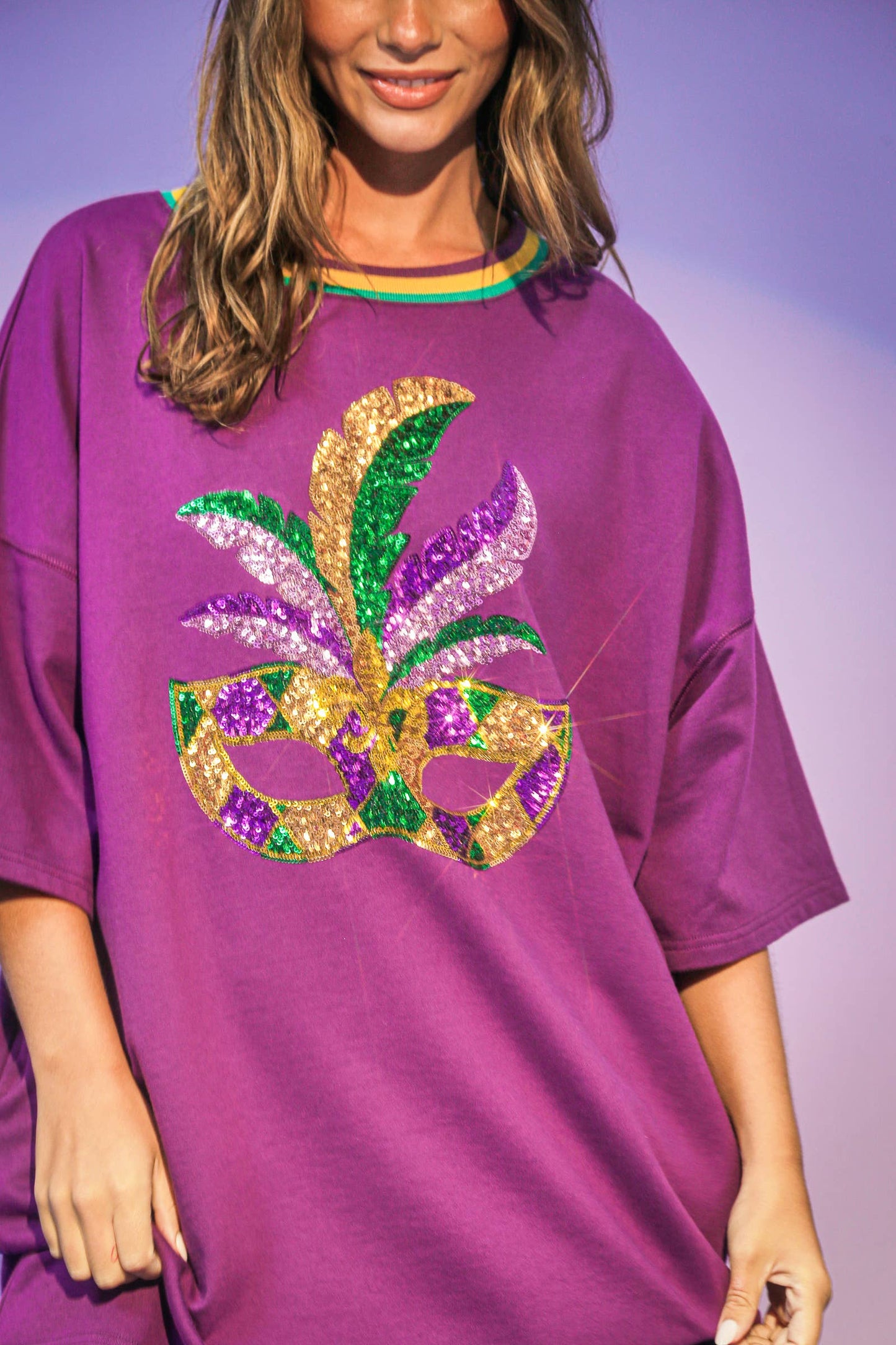 Mardi Gras Sequin Masks T-Shirt Dress- Black