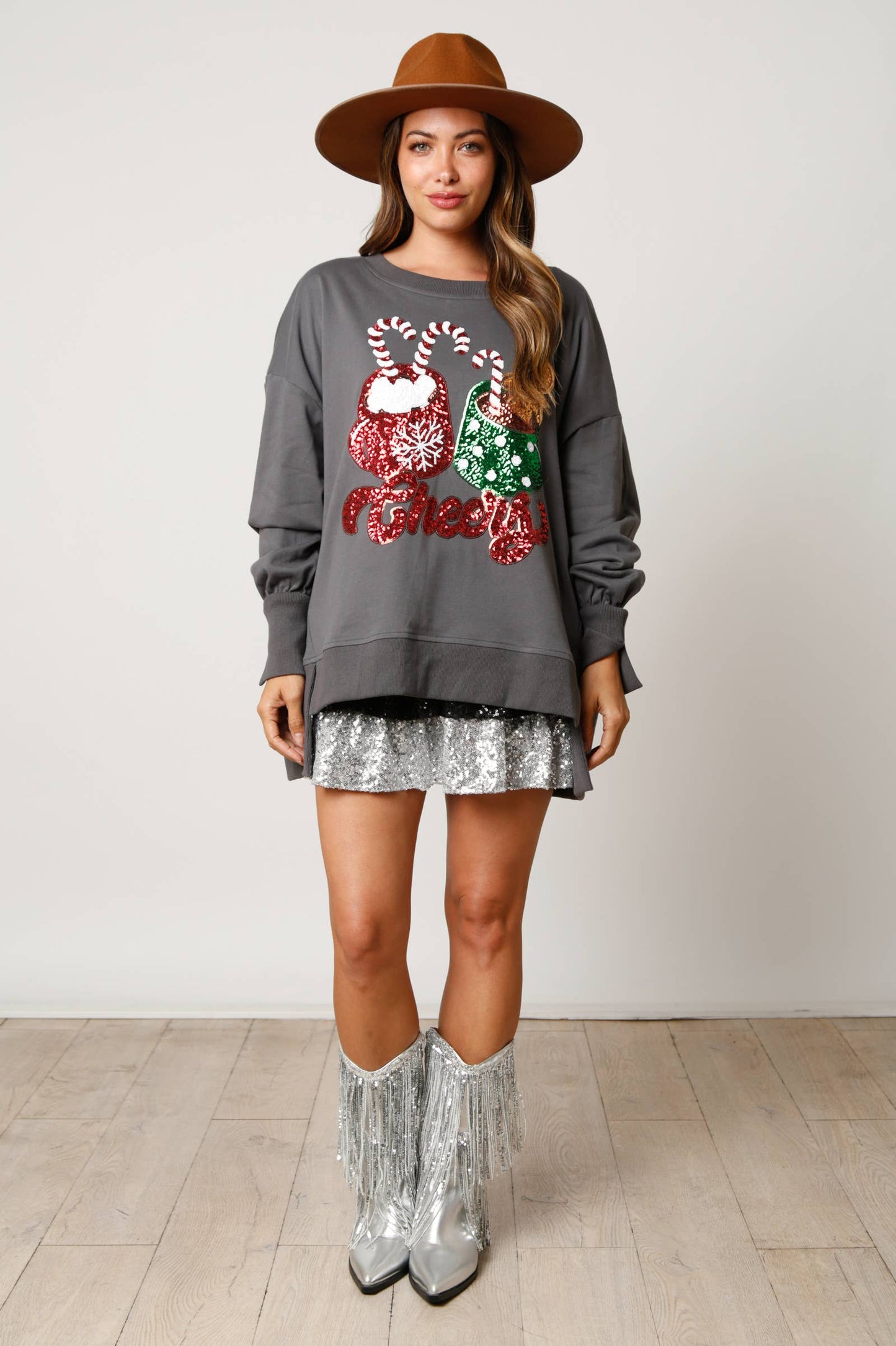 Cheers Hot Cocoa Sequin Sweatshirt- Dusty Peach