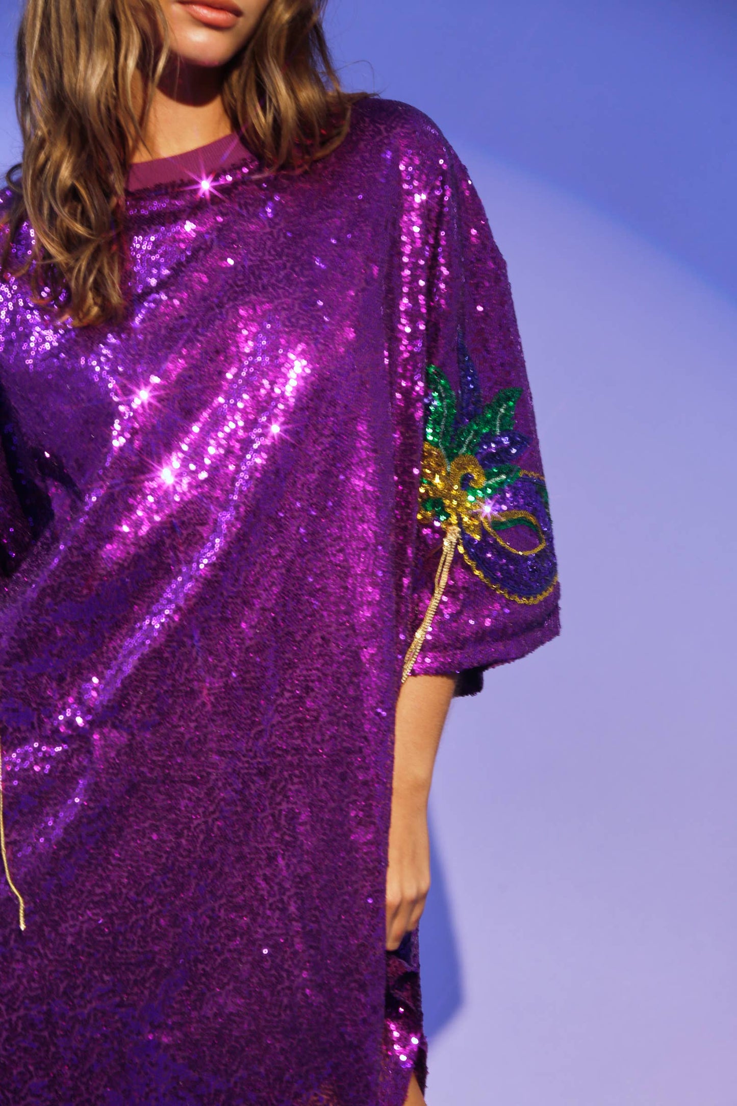 Mardi Gras Masks Sequin T-Shirt Dress - Purple