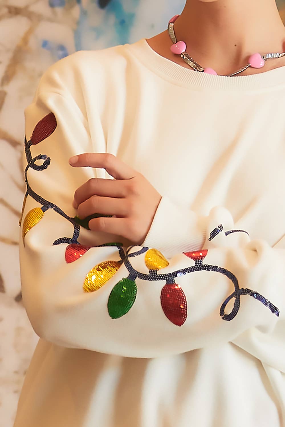 Christmas Light Sequin Embroider Fleece Sweater Top- White