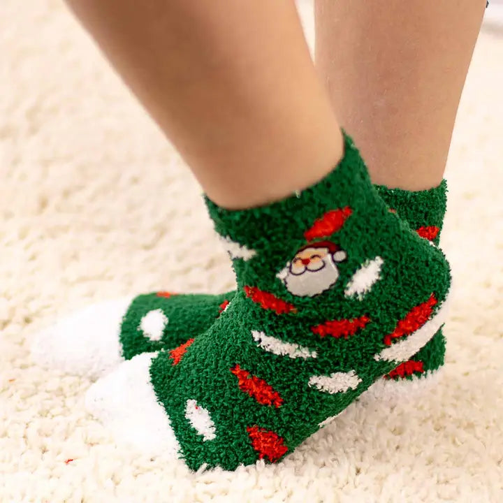 Kid's Embroidered Santa Face Cozy Socks Green/Red -Asst.