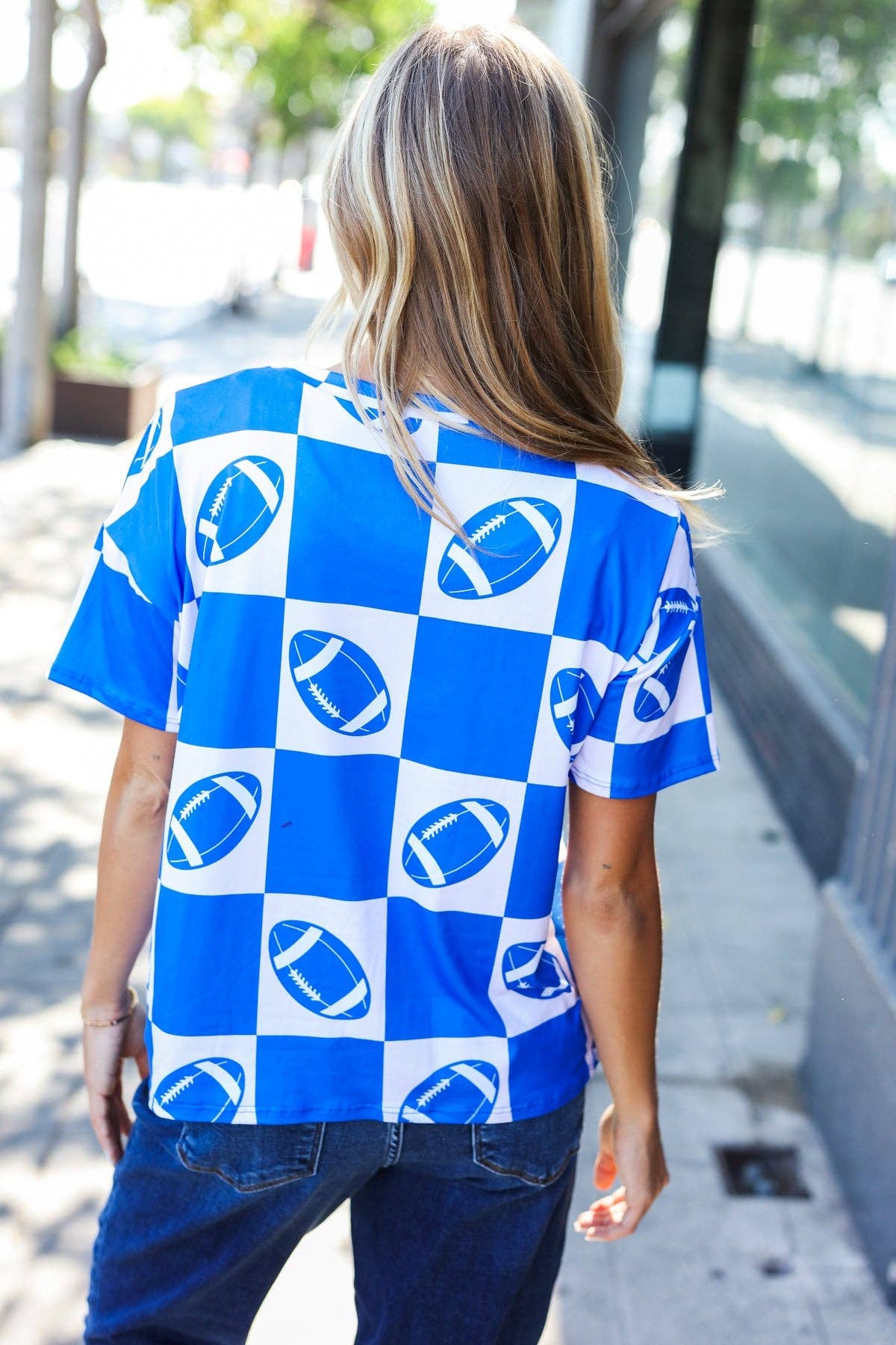 Game Day Football Checker Print Knit Top- Blue