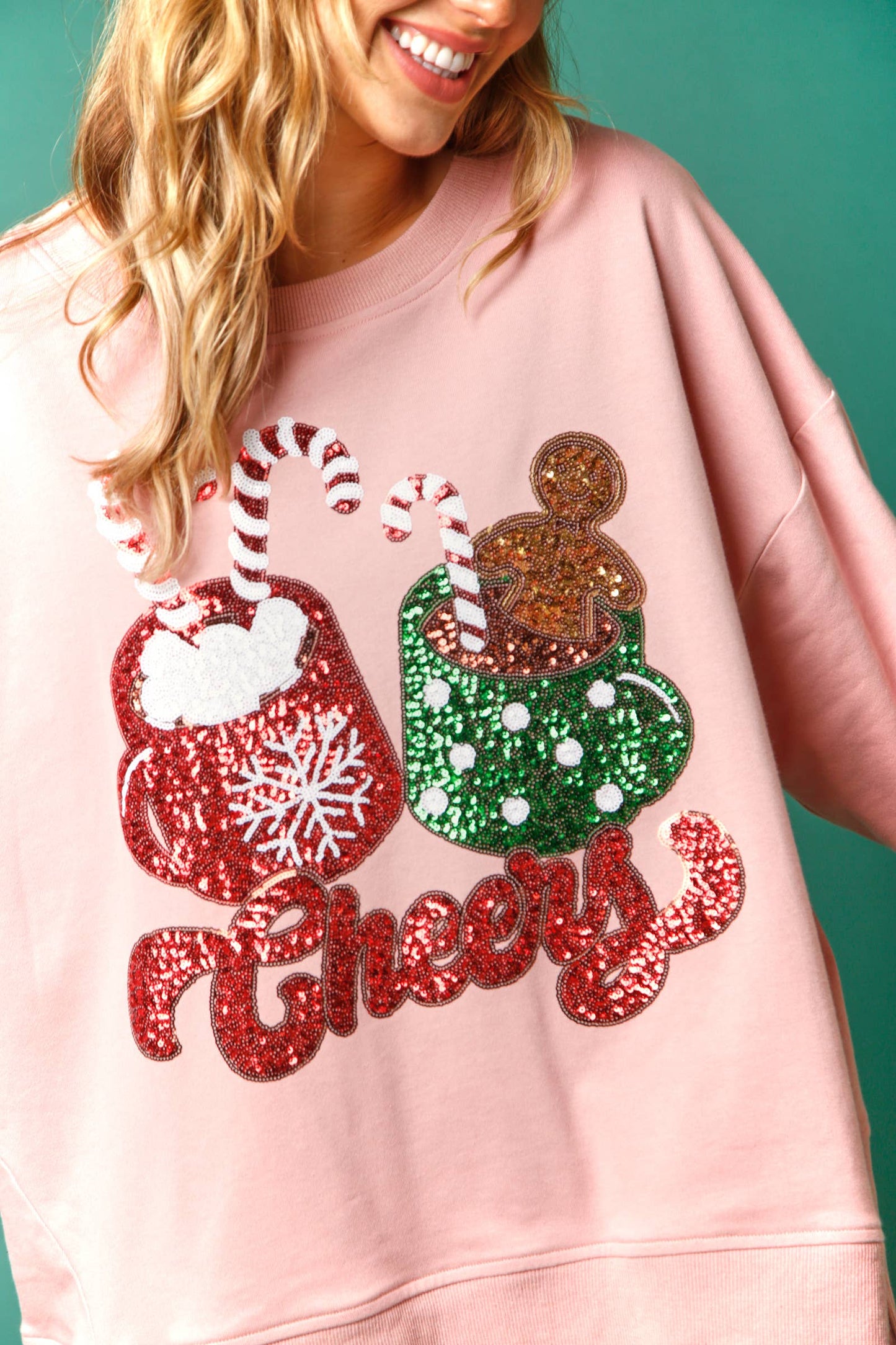 Cheers Hot Cocoa Sequin Sweatshirt- Dusty Peach