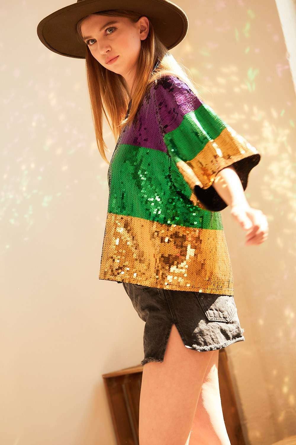 Mardi Gras Color Block Sequin Crop