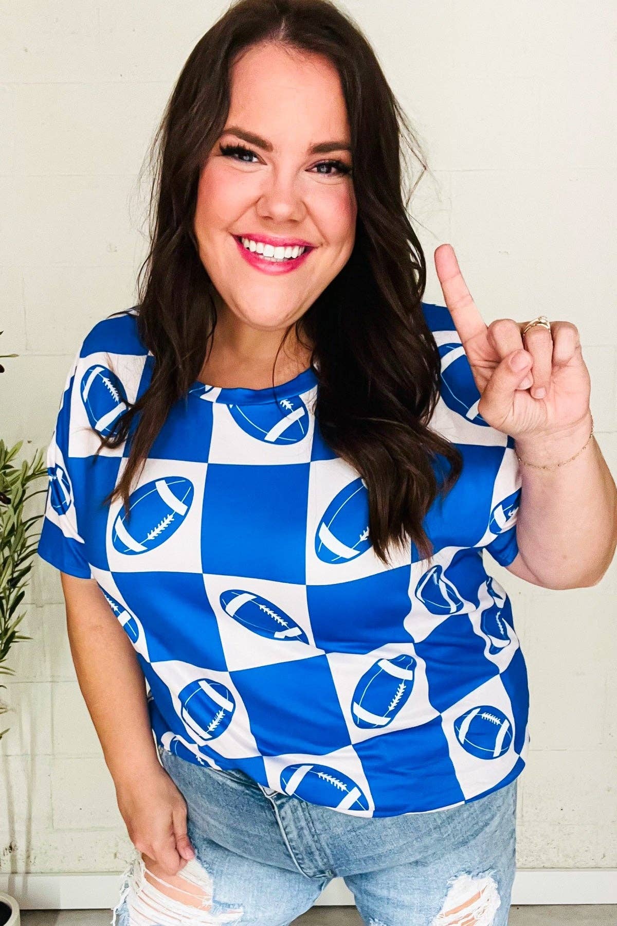 Game Day Football Checker Print Knit Top- Blue