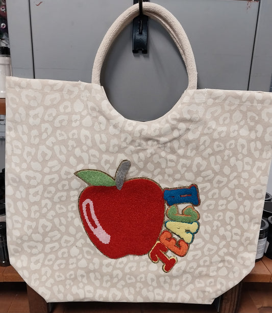 Leopard Shore Tote Natural/Soft White 20x17x6.5 w/ Chenille Teacher Patch