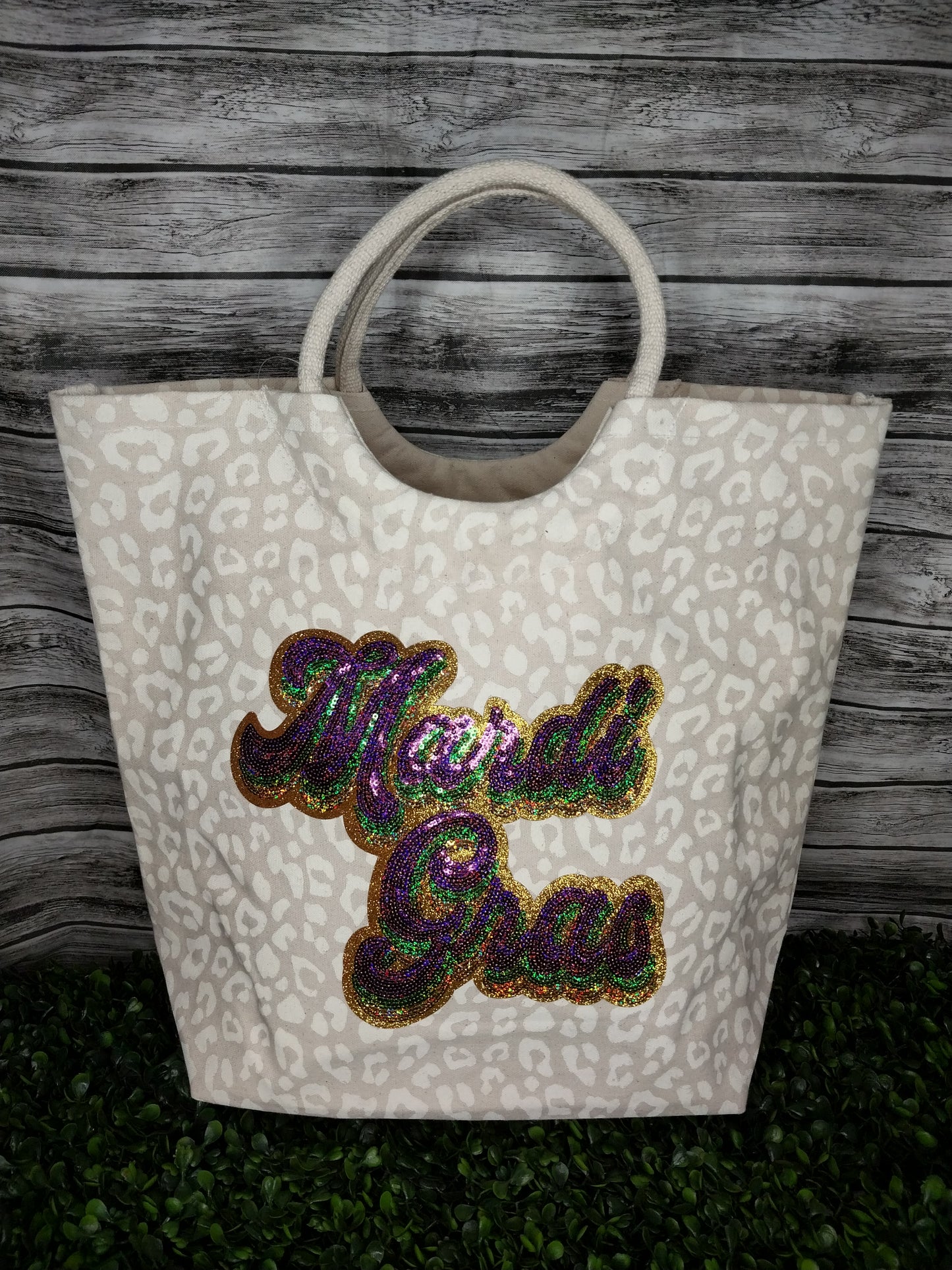 Leopard Shore Tote Natural/Soft White 20x17x6.5 w/ Sequin Mardi Gras Patch