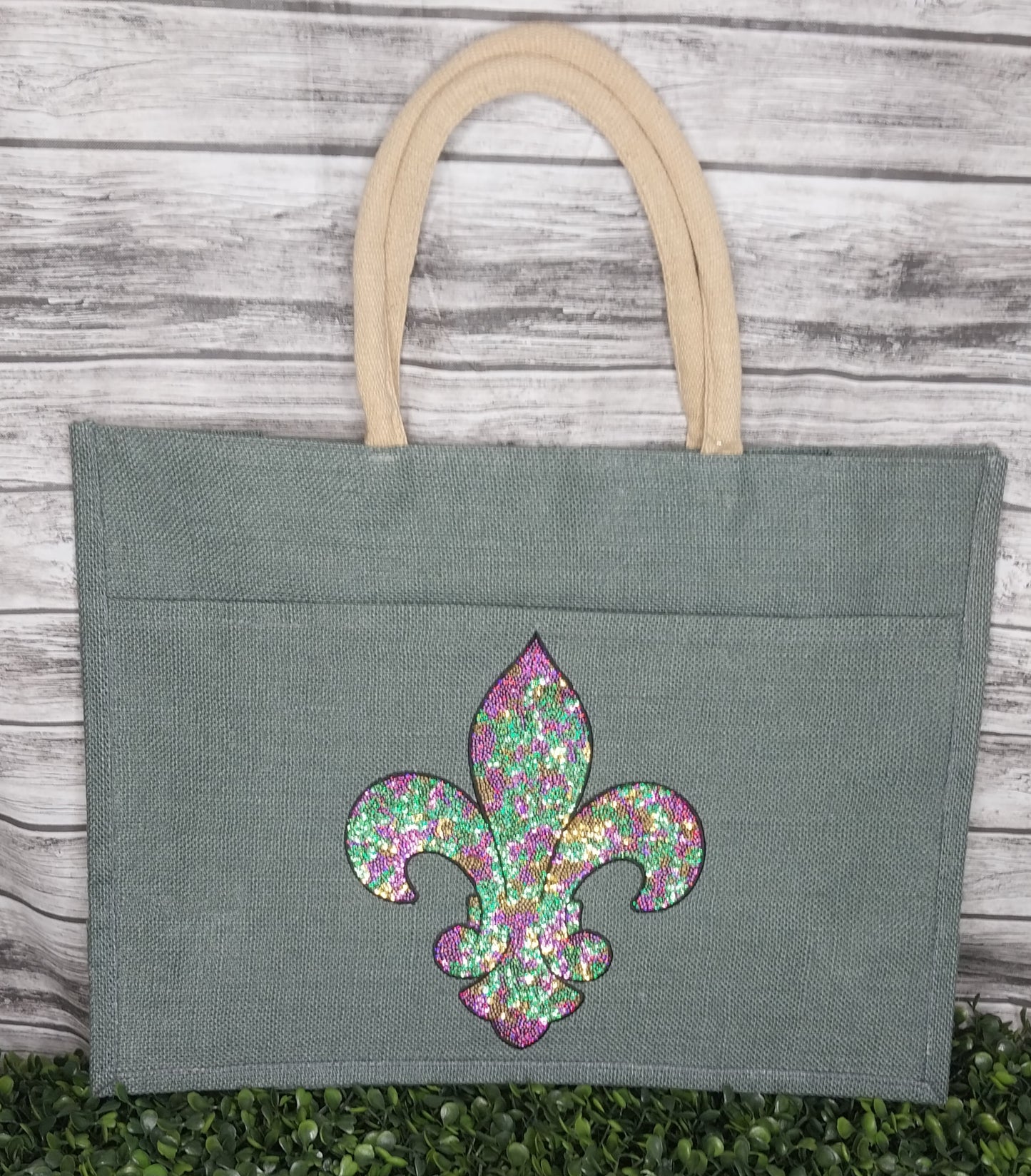 Jute Pocket Tote 19x14x7.5 w/Sequin FDL Patch