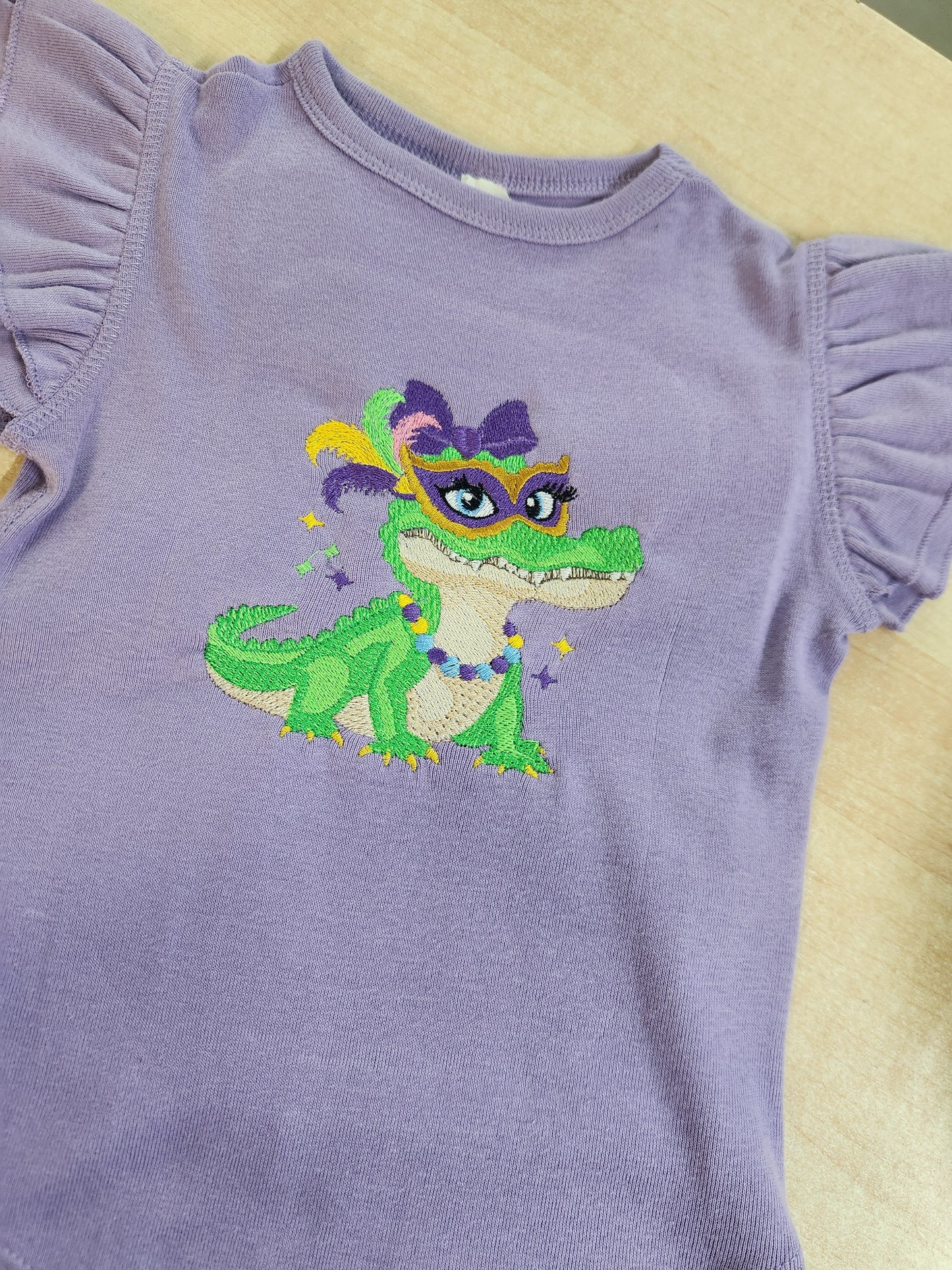 Mardi Gras Gator Embroidered Tee Ruffle Sleeve