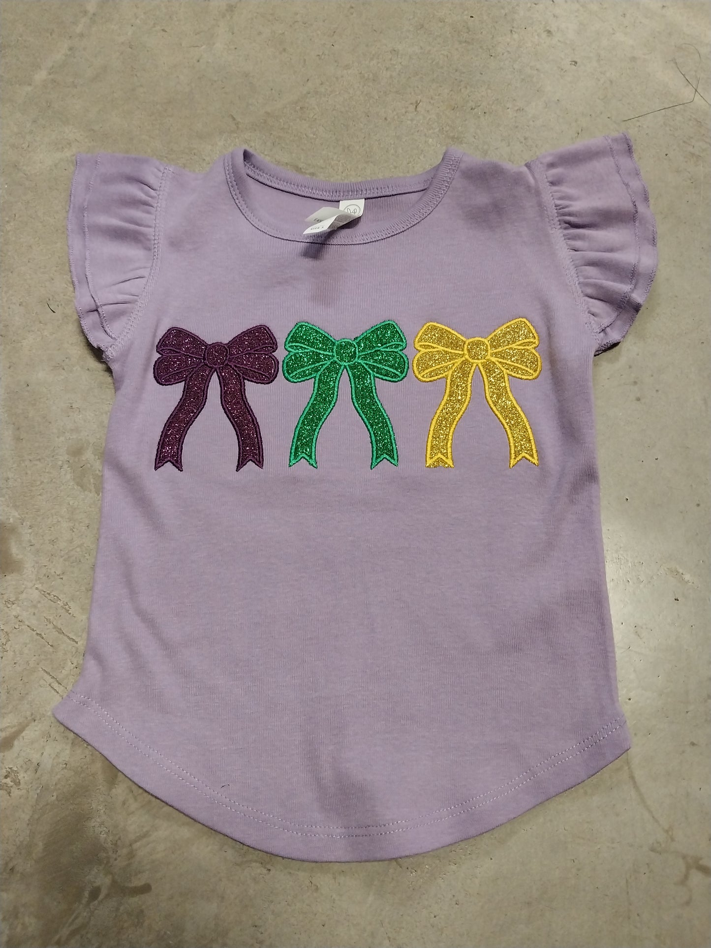 Mardi Gras Triple Bow Embroidered Ruffle Sleeve Tee