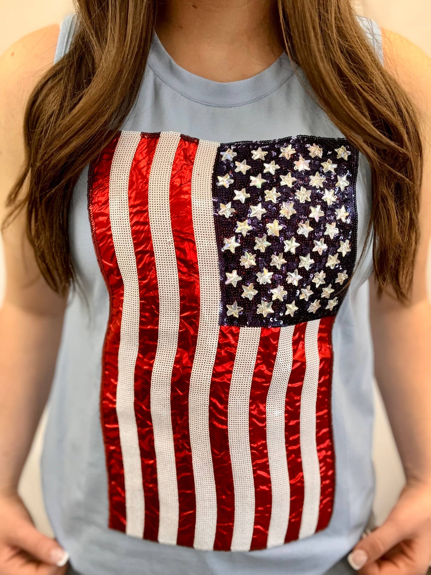 USA Flag Sequin & Metallic Embroidery Tank- Blue
