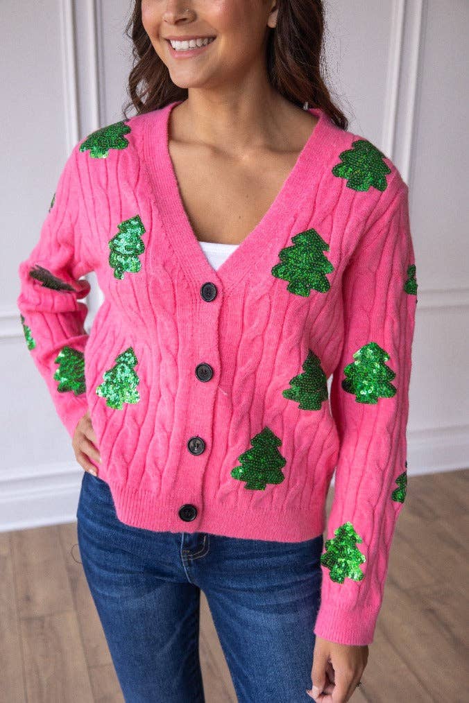 Sequin Pink Trees Cardigan