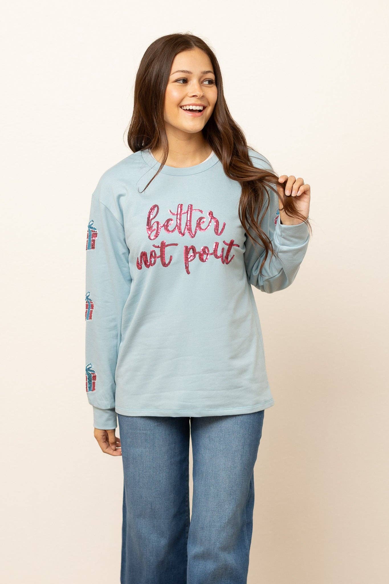 Better Not Pout Sequins Blue Sweater