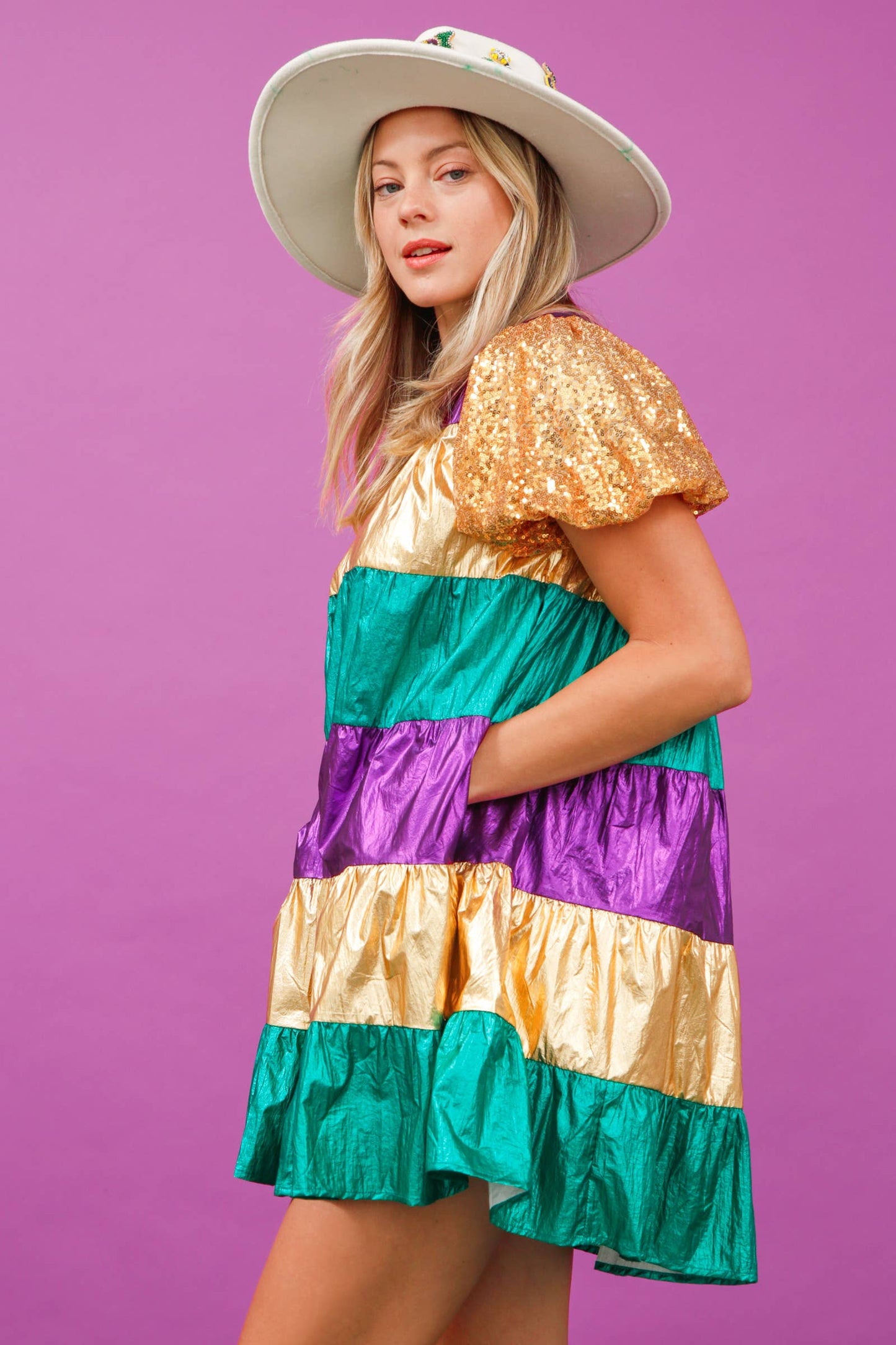 Sequin Sleeve Color Block Vinyl Dress