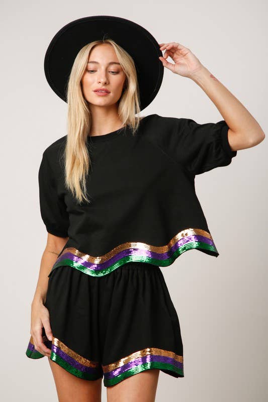 Sequins Stripe Puff Sleeve Crop Top- Red/ White Multi