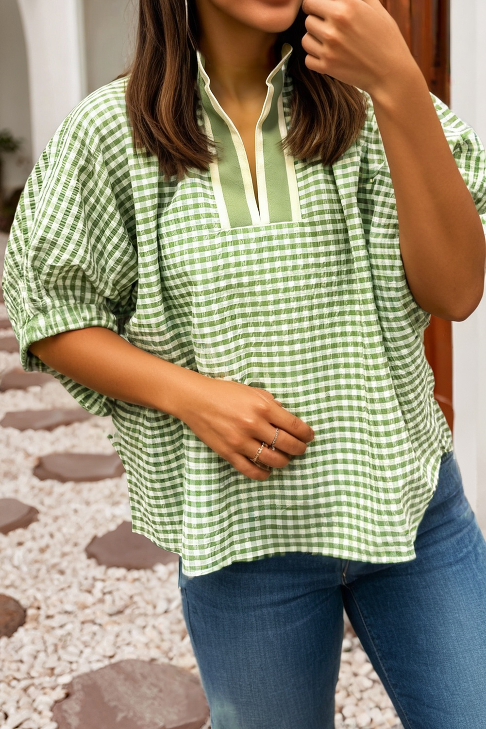 Plaid Short Sleeve Colorblock Trim Split Neck Blouse