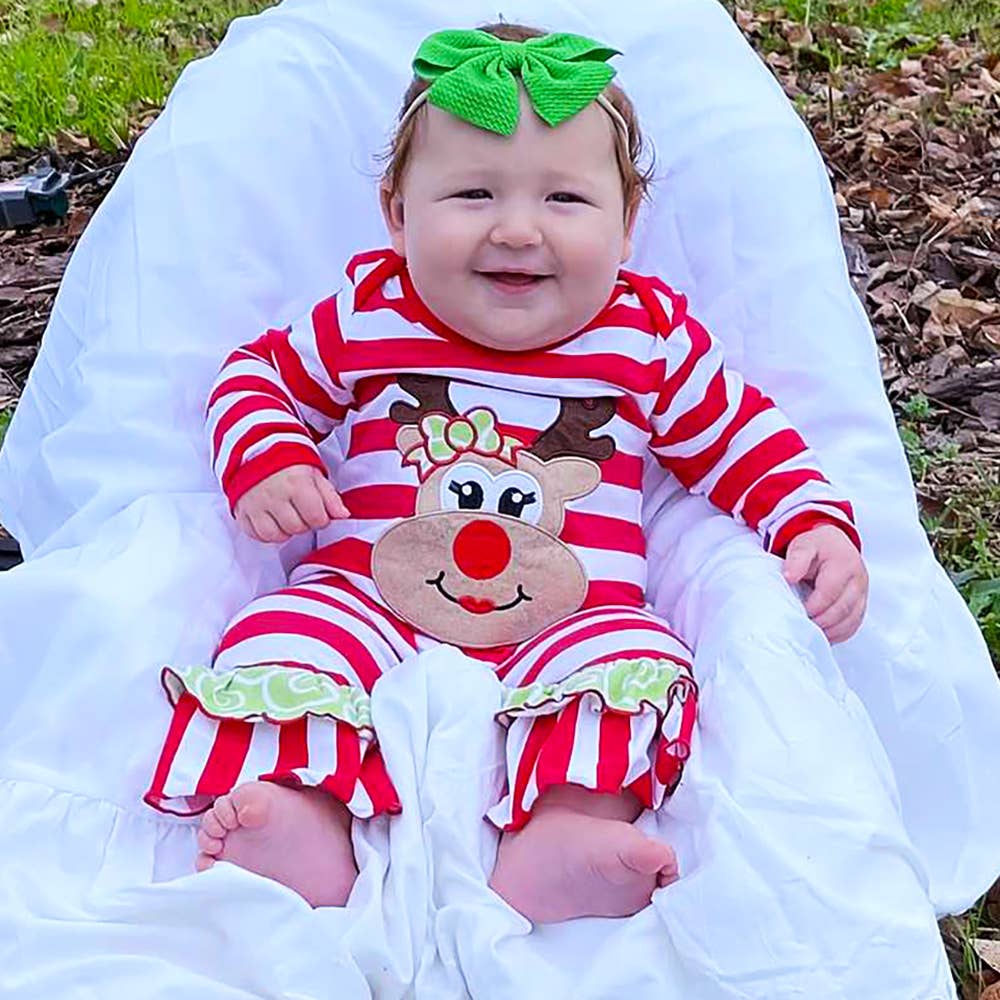 Girls Christmas Romper Reindeer Red Stripes
