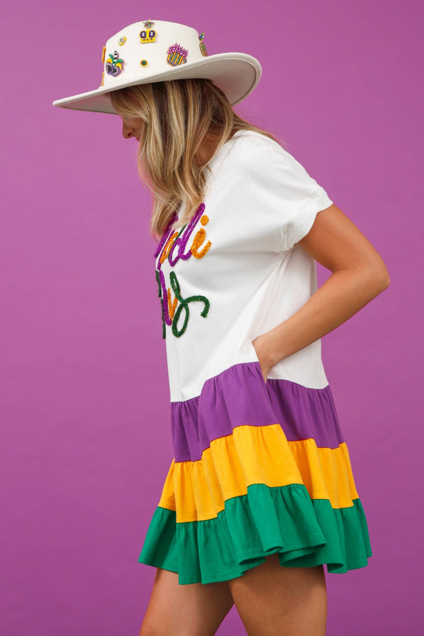 Color Block Mardi Gras Mini Dress - White Combo