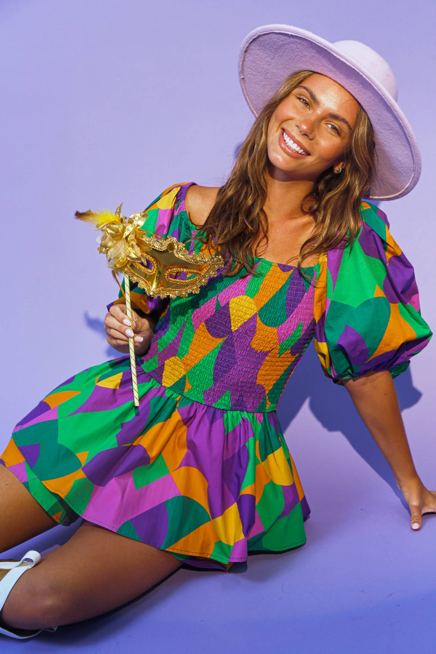 Mardi Gras Geo Print Smocked Romper