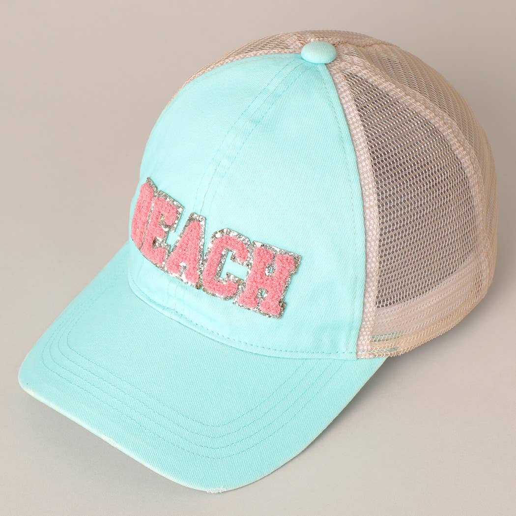 BEACH Chenille Letter Patch Mesh Back Baseball Cap- Mint