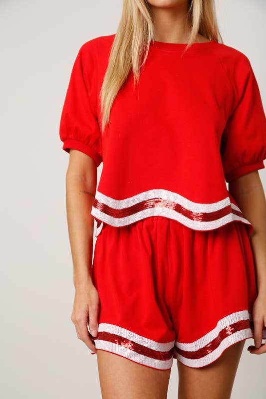 Sequins Stripe Puff Sleeve Crop Top- Red/ White Multi