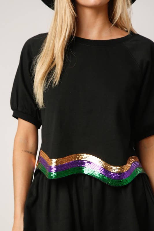 Sequins Stripe Puff Sleeve Crop Top- Red/ White Multi