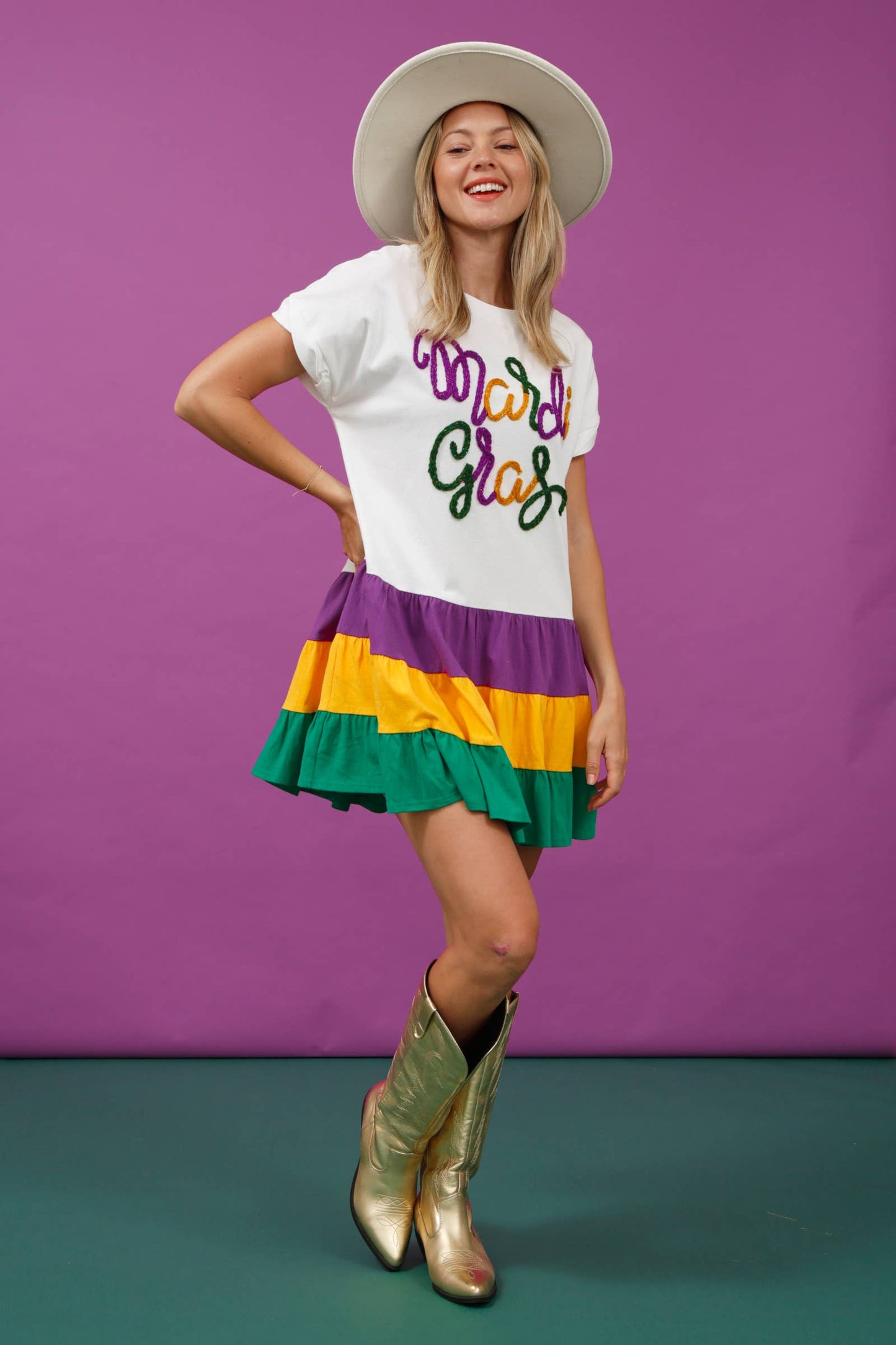 Color Block Mardi Gras Mini Dress - White Combo