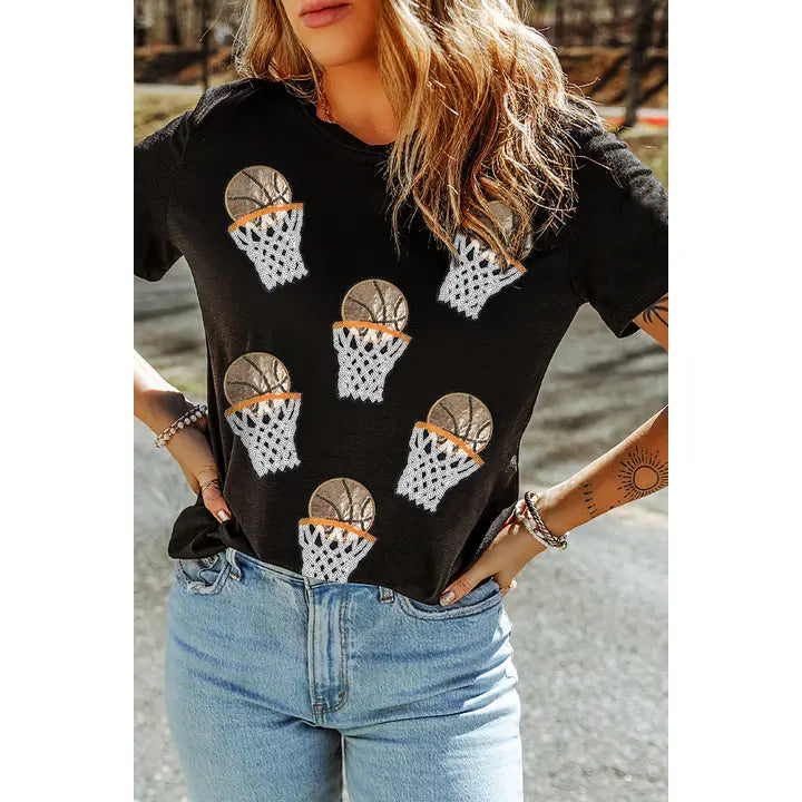 Basketball Patched Sequin Graphic Tee- Black