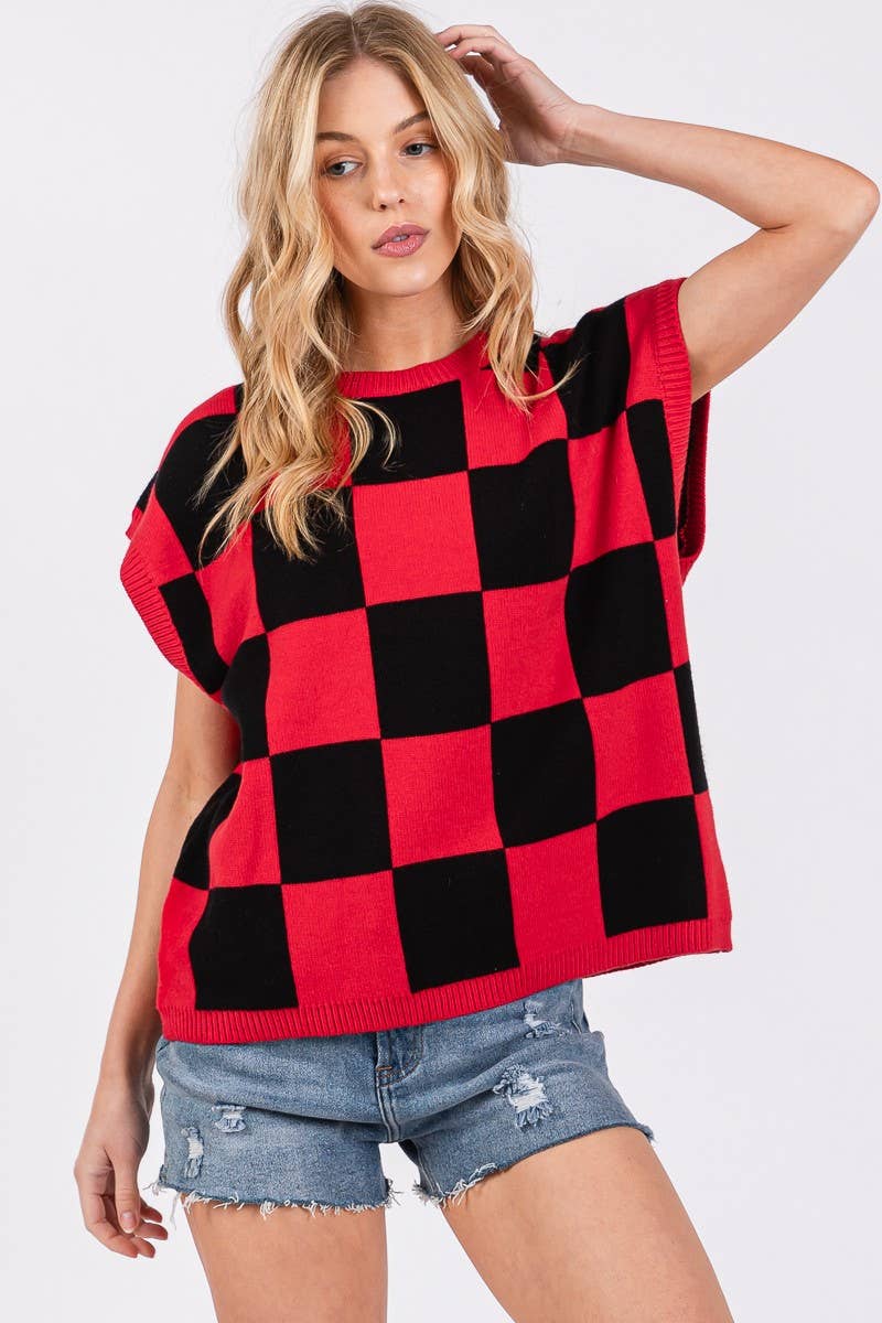 Checkered Knit Sleeveless Game Day Top
