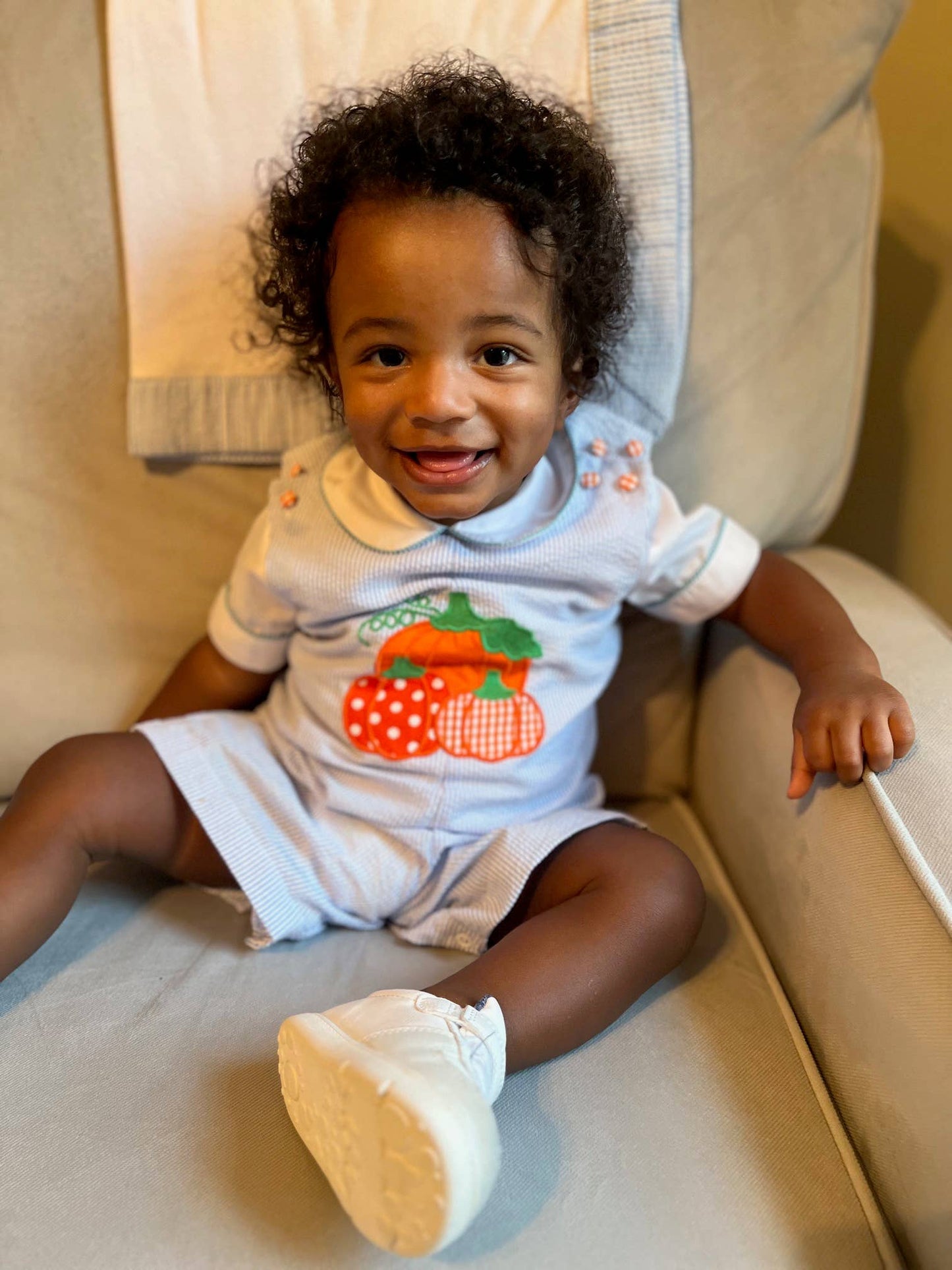 Blue Seersucker Pumpkin Shortalls