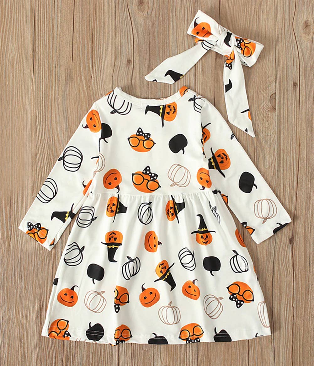 Witch Pumpkin Print White Dress & Headband