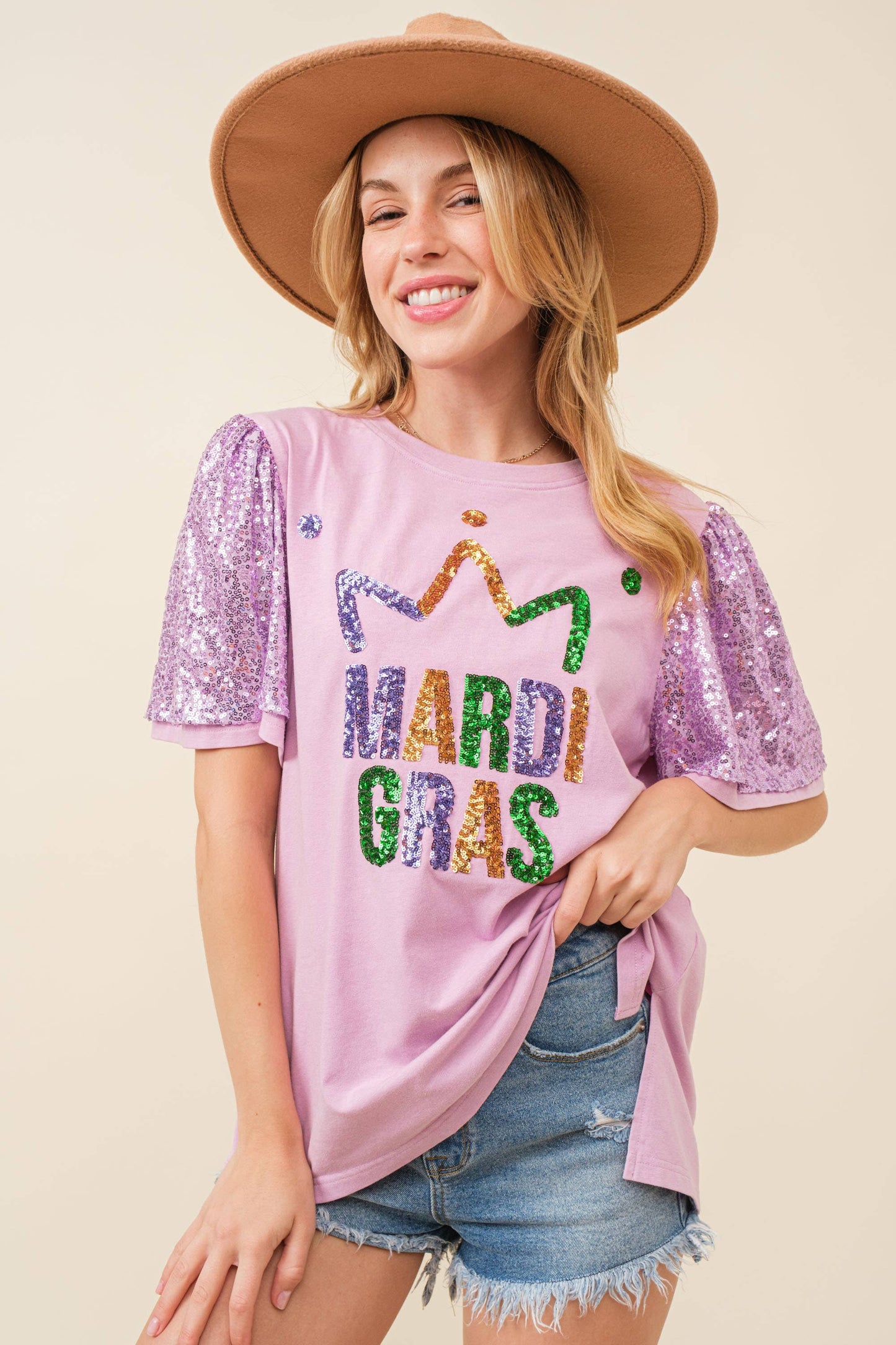 Sequin Mardi Gras Letter Patch T-shirt Top- Lavender
