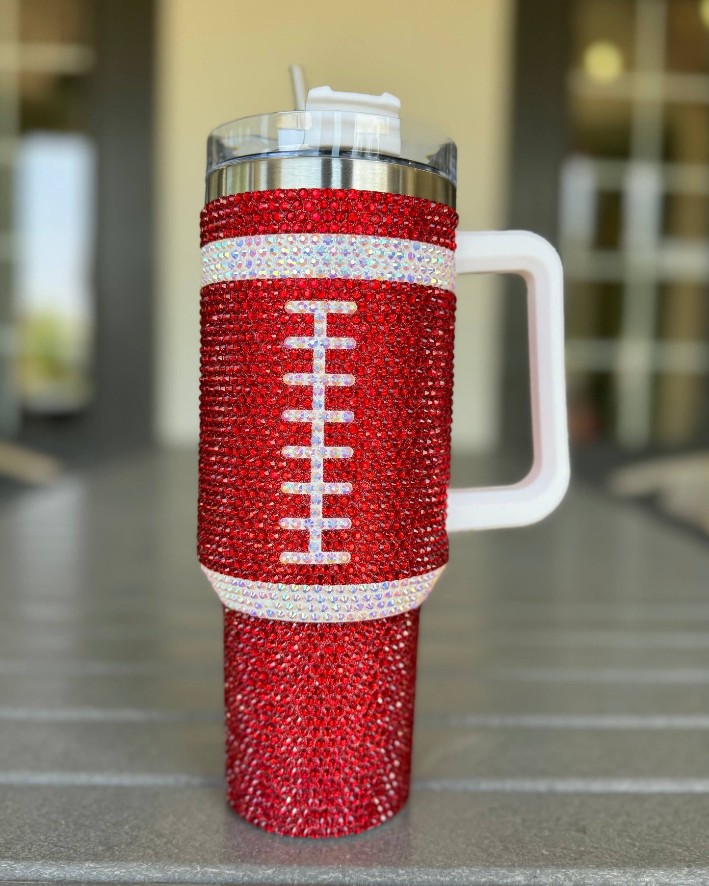 40 oz Crystal Red Football Tumbler
