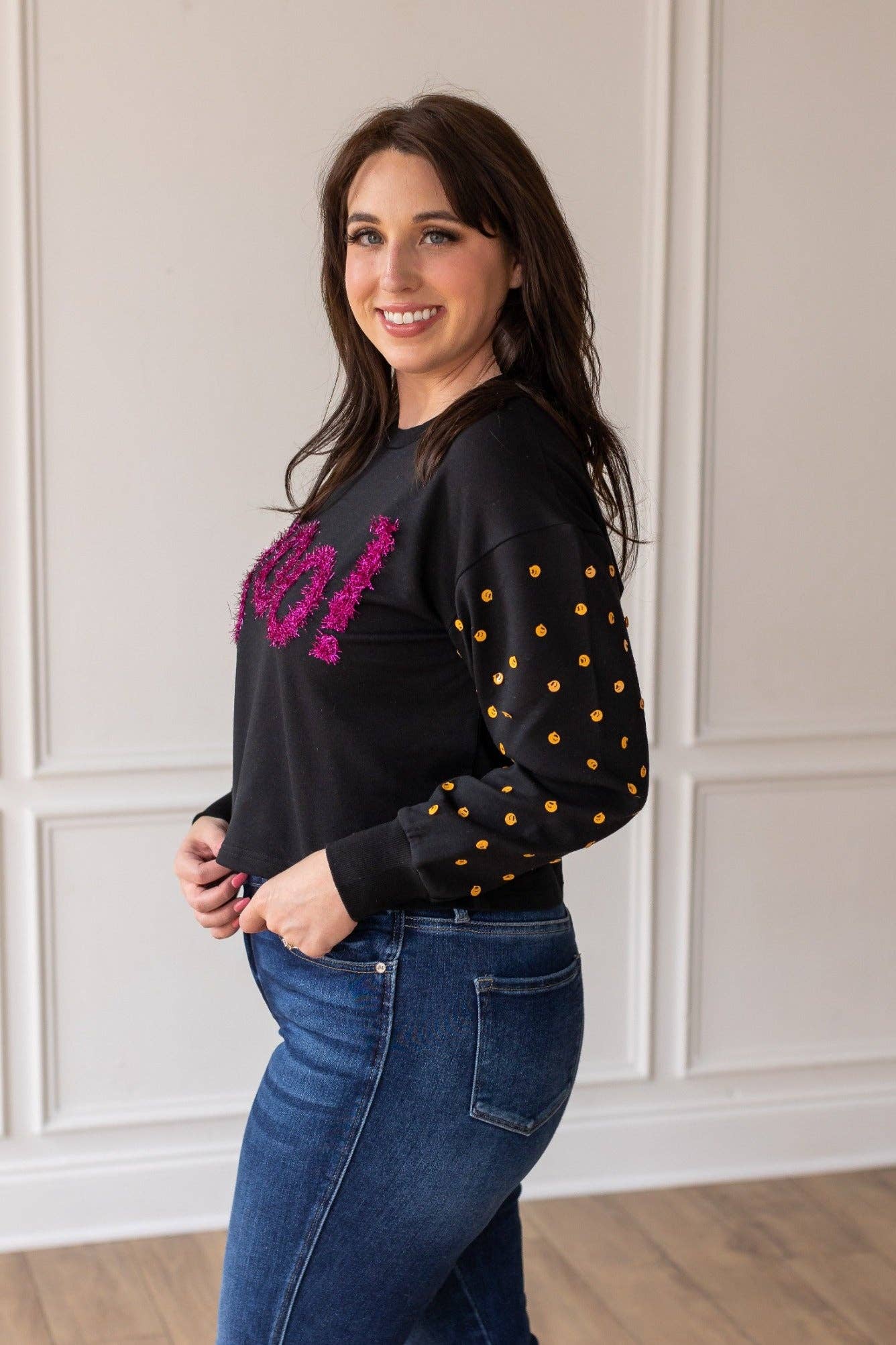 Black Boo Crewneck with Pumpkin Sequin Sleeves