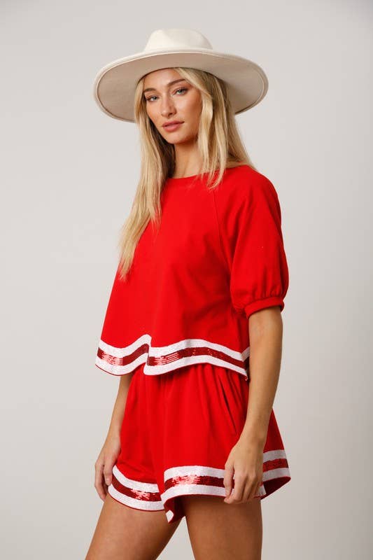 Sequins Stripe Puff Sleeve Crop Top- Red/ White Multi