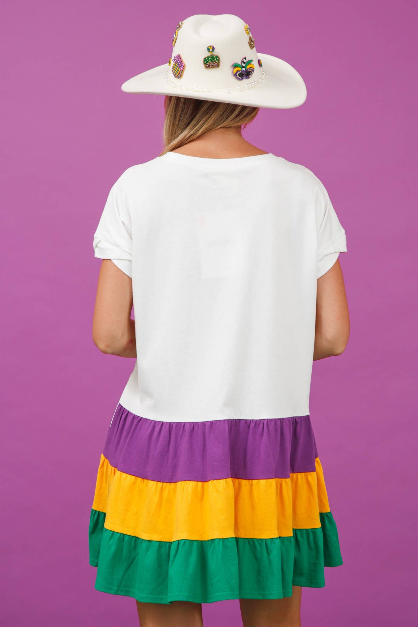 Color Block Mardi Gras Mini Dress - White Combo