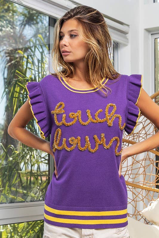 Touchdown Ruffled Armhole Sleeveless Sweater- Purple & Gold