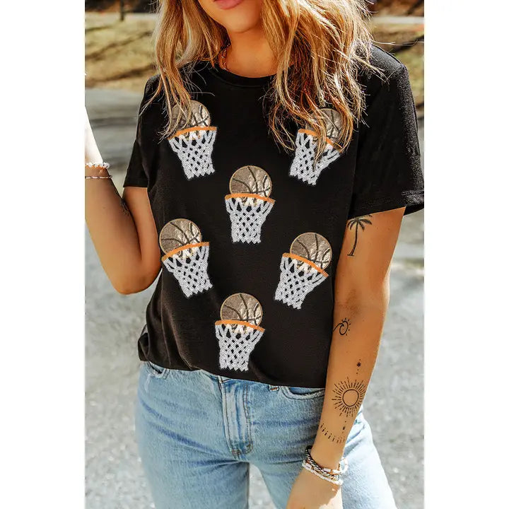 Basketball Patched Sequin Graphic Tee- Black