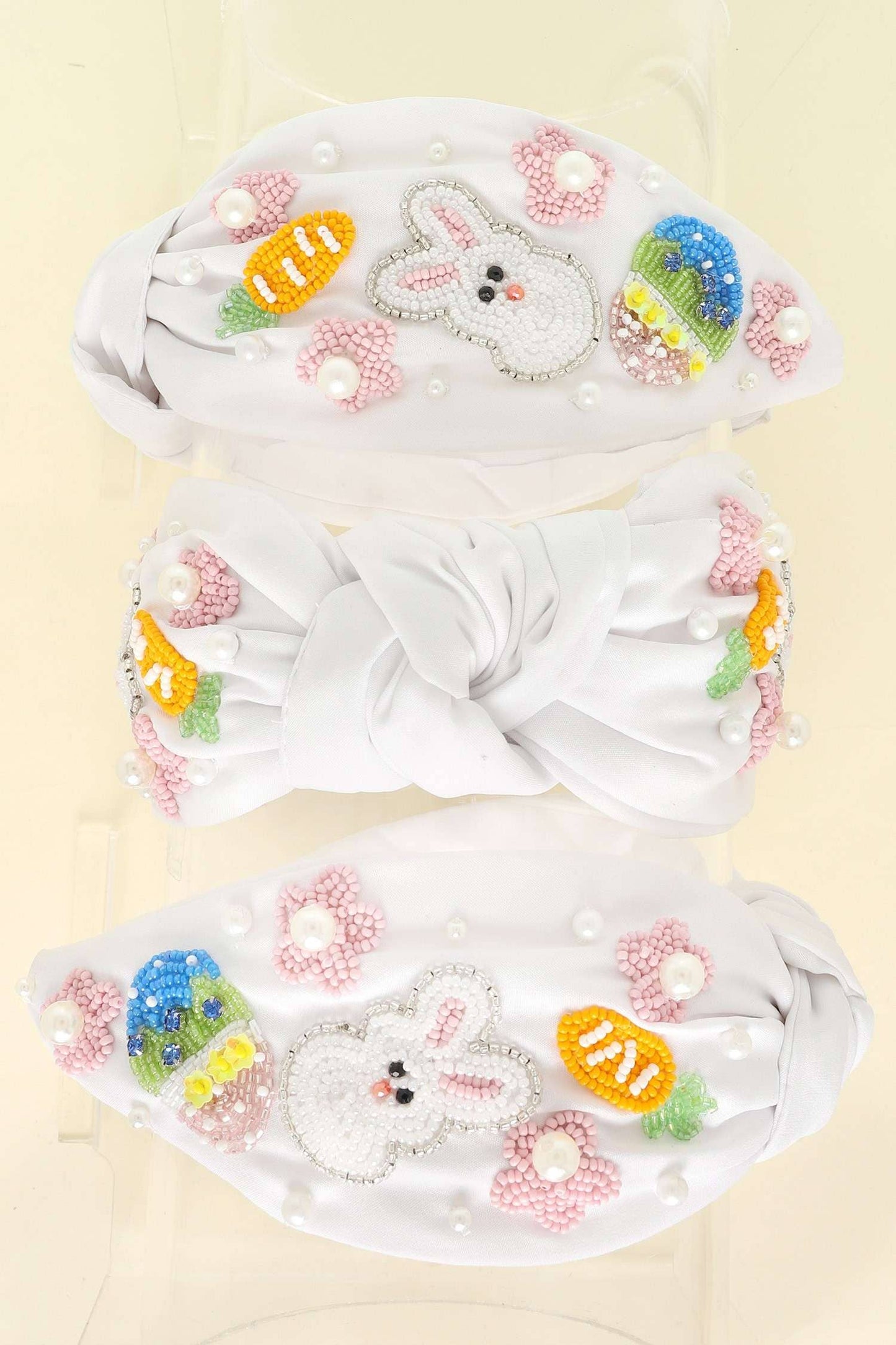 Floral Bunny and Egg Jeweled Beaded Headband- White