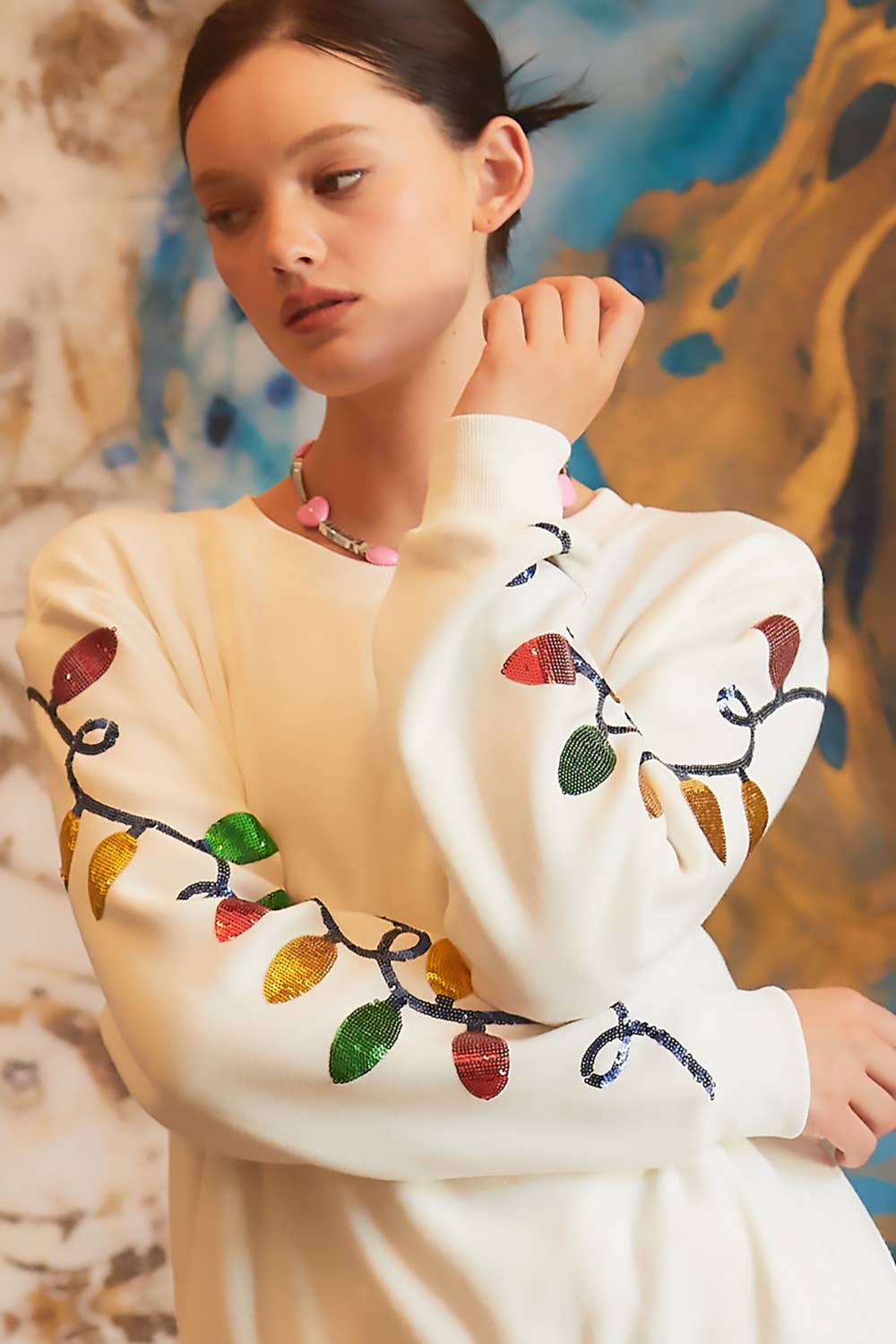 Christmas Light Sequin Embroider Fleece Sweater Top- White